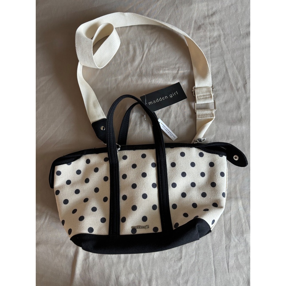 Madden Girl Polka Dot Mini Tote Bag Natural Black Canvas MG262058 Crossbody